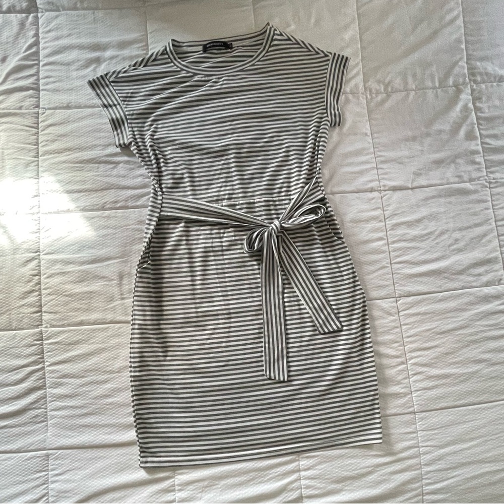 Grey and white striped pocket belt dress